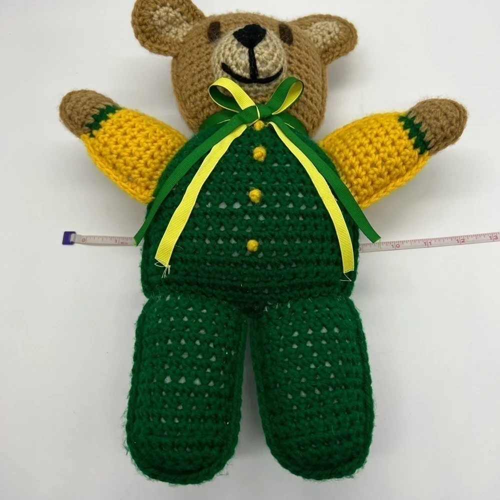 ADORABLE CROCHETED TEDDY BEAR I. GREEN AND BRIGHT YELLOW